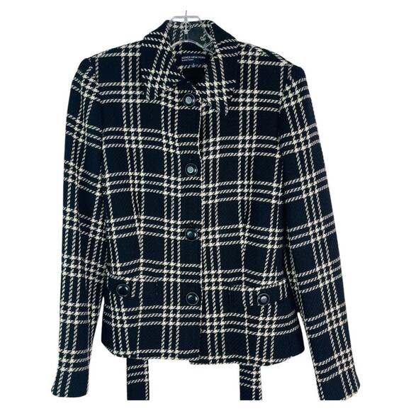 Jones NY black cream wool plaid button belted preppy academia jacket 8 - Picture 1 of 8